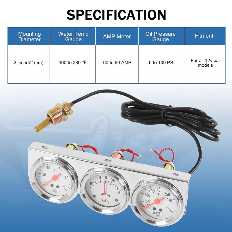 JDMSPEED 2" 52mm Triple Gauge Set Kit (Oil Pressure + Water Temperature + AMP Meter) 3-in-1 - Image 2